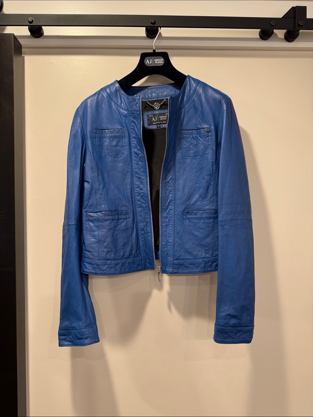 Armani Jeans Blue Leather Collarless Zip Jacket